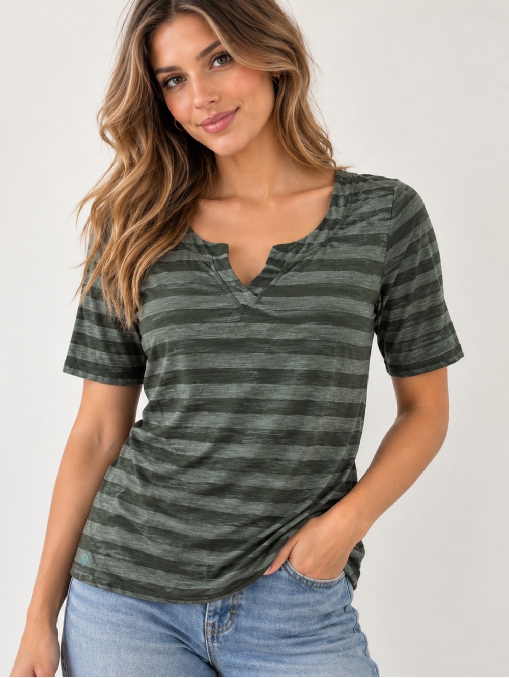 Talbots Olive Green Earthy Striped Notch Neck Short Sleeve Y2K Casual Top Xs